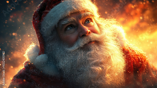 A cheerful Santa Claus looks up with wonder in a warm, glowing environment, embodying the spirit of the holiday season