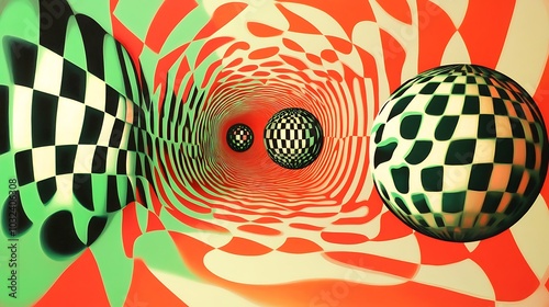 Checkerboard Spheres in a Multicolored Swirling Tunnel photo