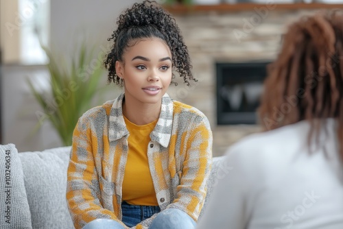 A cheerful young woman with curly hair sits comfortably on a couch, engaging in a relaxed conversation, exuding warmth and approachability within a modern indoor environment. photo