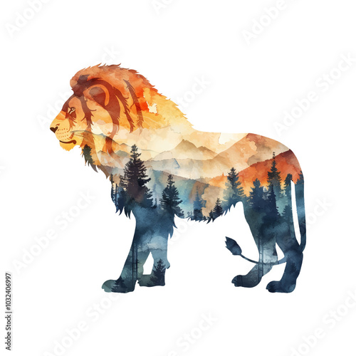 imagine silhouette lion with forest scene inside vector illustration in watercolor style