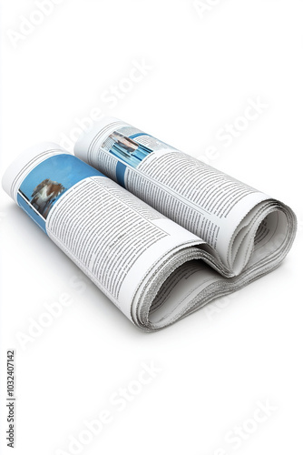 Two rolled newspapers showcasing detailed articles and images on diverse topics