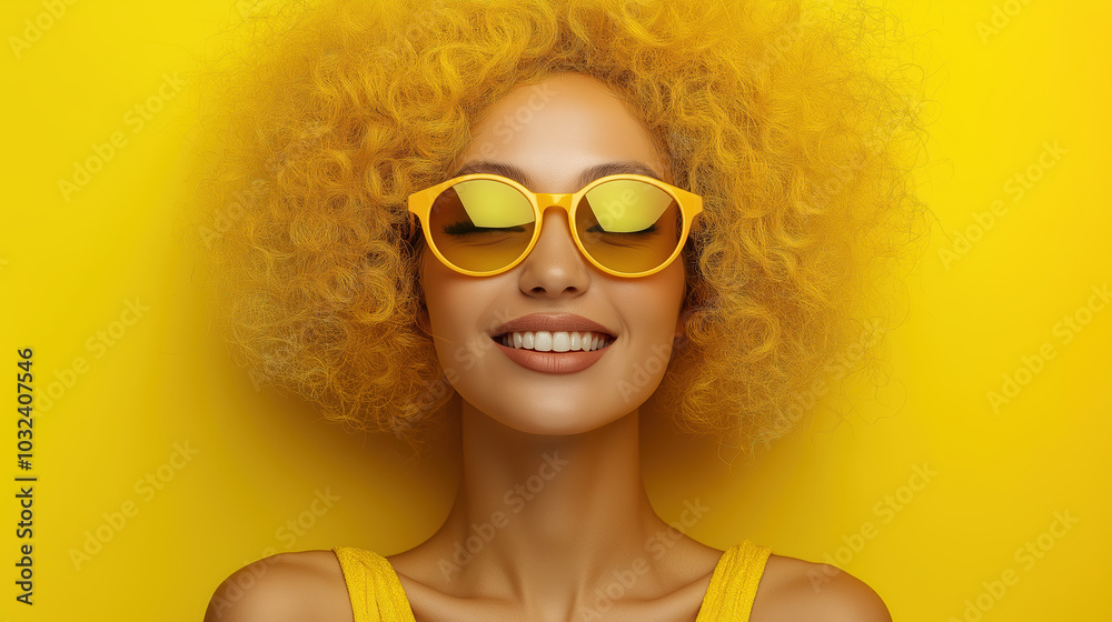 Radiant woman with curly yellow hair wearing sunglasses smiling brightly Radiant woman with curly yellow hair wearing sunglasses smiling brightly