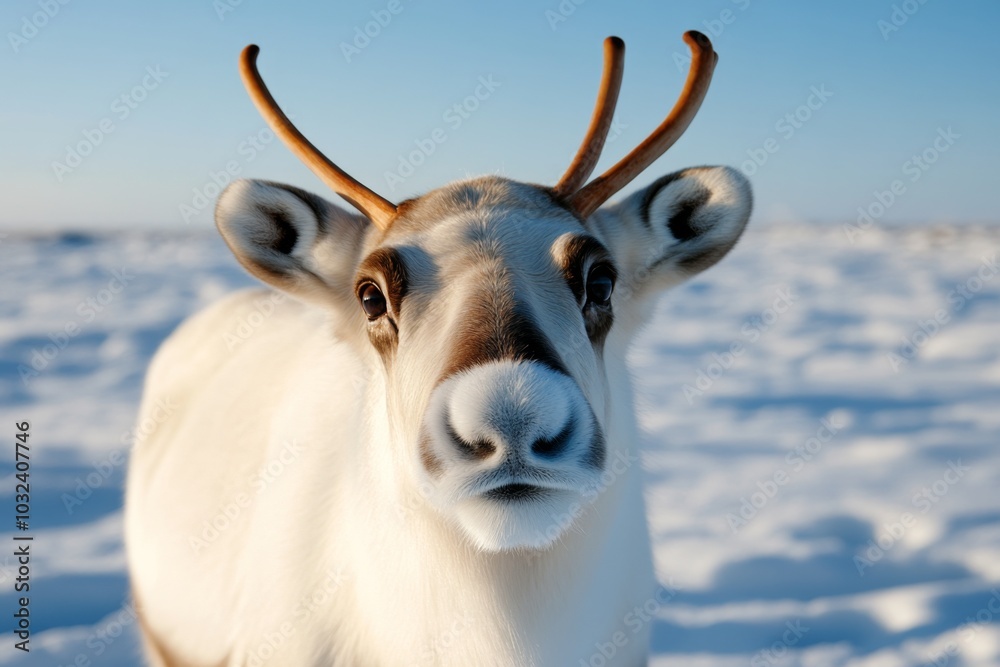 Wild reindeer wandering the snowy plains of East Iceland, under a pale blue sky Wild reindeer wandering the snowy plains of East Iceland, under a pale blue sky