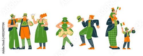 Vector illustrations of a man, woman and child in traditional clothes celebrating St. Patrick's