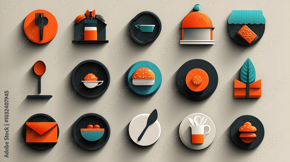 Elegant catering icons featuring a waiter cloche and various tableware items in a sophisticated contemporary restaurant setting This is perfect for hospitality food service Elegant catering icons featuring a waiter cloche and various tableware items in a sophisticated contemporary restaurant setting This is perfect for hospitality food service