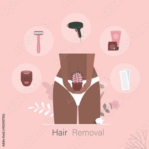 Girl making epilation. Intime zone, legs hair removal on dark afro skin. Epilation procedure advertising. Different types of hair removal. Smooth skin depilation.