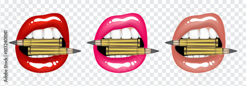 Beautiful female lips hold bullets. Set of vector isolated illustrations on transparent background