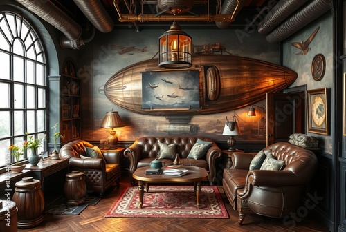 Embrace a steampunk airship theme with vintage flight decor meta