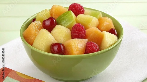 Fresh Mixed Fruit Salad in Green Bowl