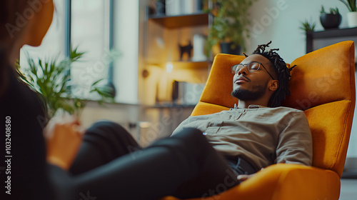 Young man undergoing a modern hypnotherapy session in a futuristic laboratory setting, supervised by a specialist in a cozy environment. photo