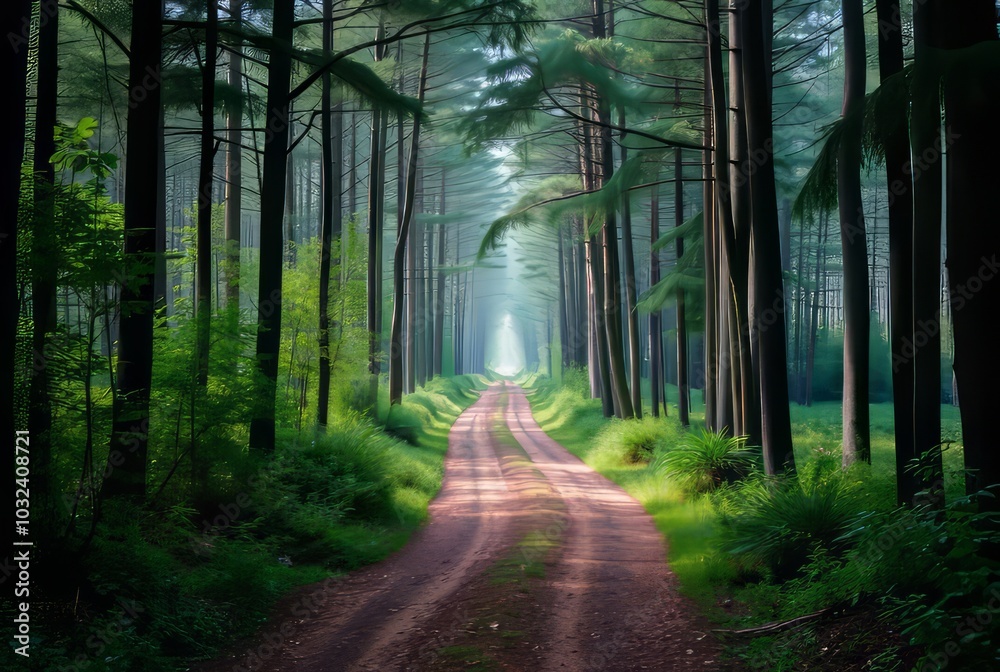 Fototapeta premium Forest Path A serene forest path leading into the distance creat