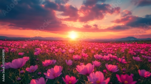 Pink Cosmos Flowers Blooming at Sunset