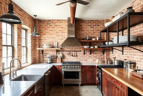 Industrial Kitchen Exposed brick walls metal fixtures and open s photo