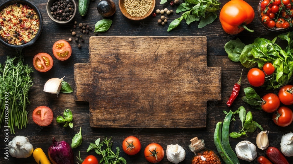 Weathered cutting board on a rough wooden surface, surrounded by organic herbs and colorful vegetables, top view, natural rustic ambiance Weathered cutting board on a rough wooden surface, surrounded by organic herbs and colorful vegetables, top view, natural rustic ambiance