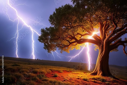 Lightning Strike and its Impact on a Tree Depicting the raw powe photo