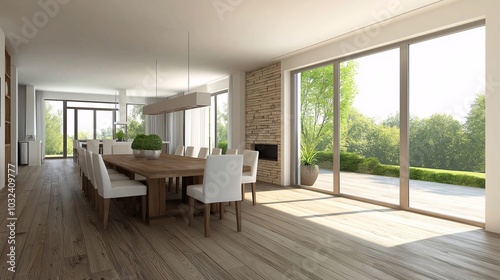 Modern Dining Room with Natural Light and Greenery