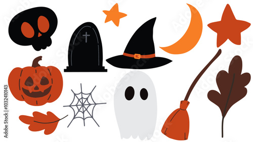 Set of isolated Halloween season elements in doodle hand drawn style on a transparent background : Cute Halloween series Vol.1