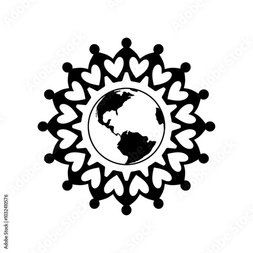People figure around world black silhouette. Paper cut holding hands forming a gear shape. Vector isolated on a white background.