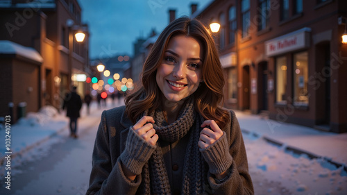 Cheerful woman in cozy coat and scarf smiling on snowy city street during evening