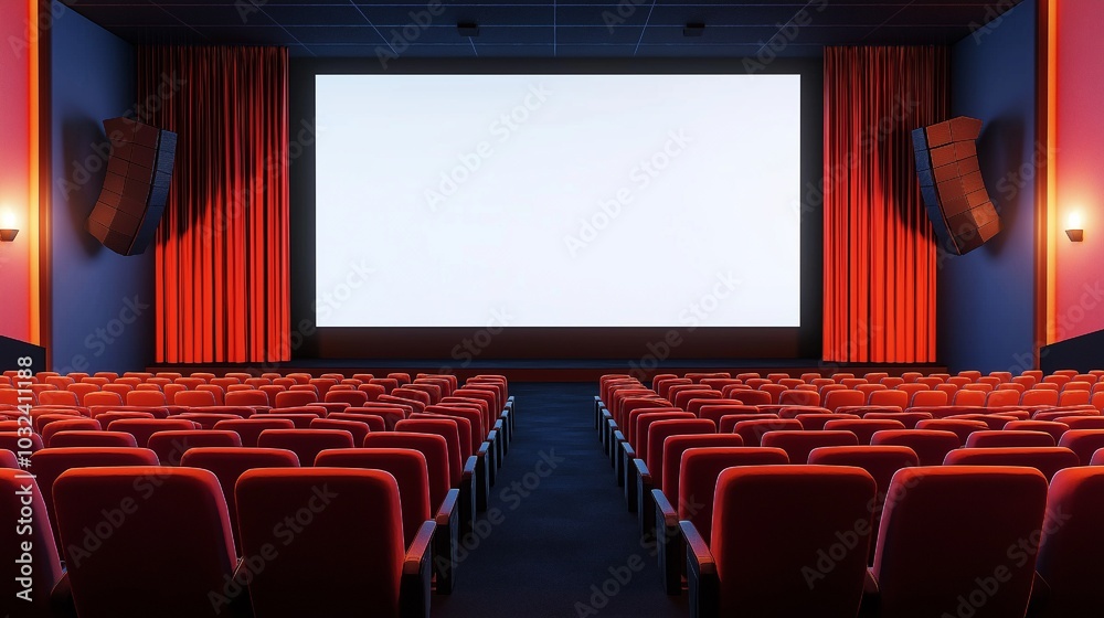 Fototapeta premium Wide format and a row of seats mockup of a stage and blank screen