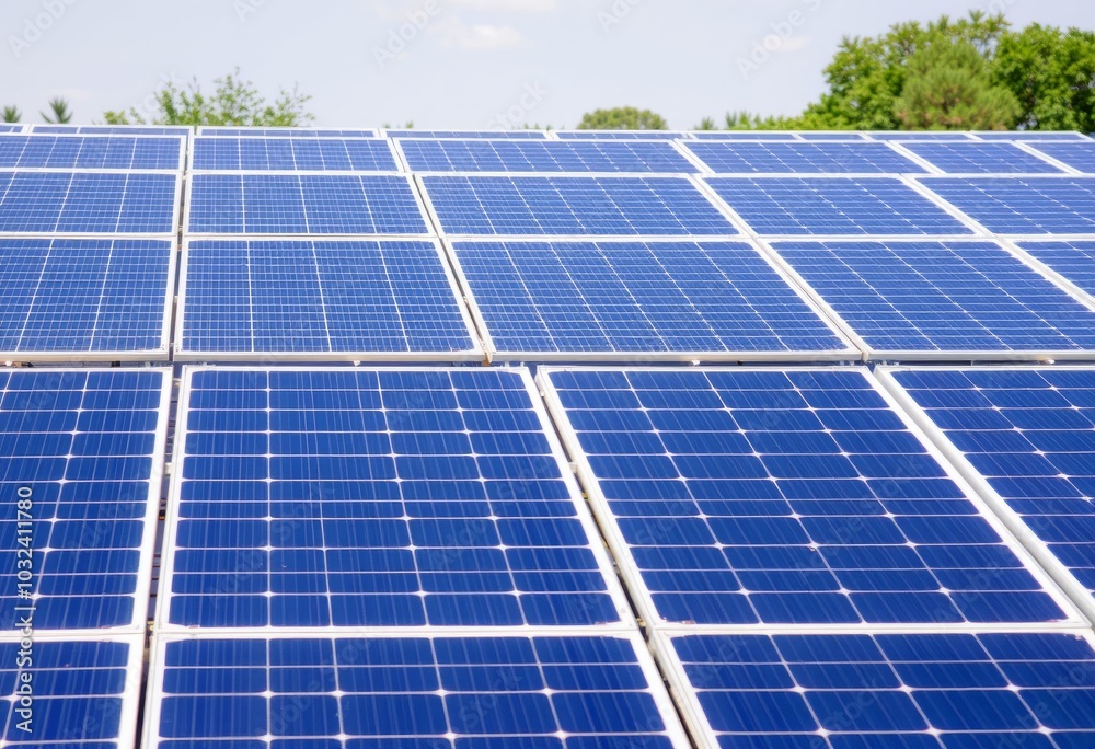 Solar panel array A group of photovoltaic panels arranged in a g Solar panel array A group of photovoltaic panels arranged in a g