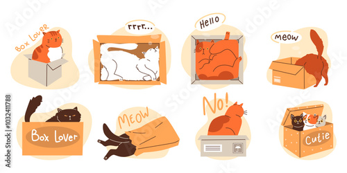 Cats frolic with cardboard containers and paper bags.