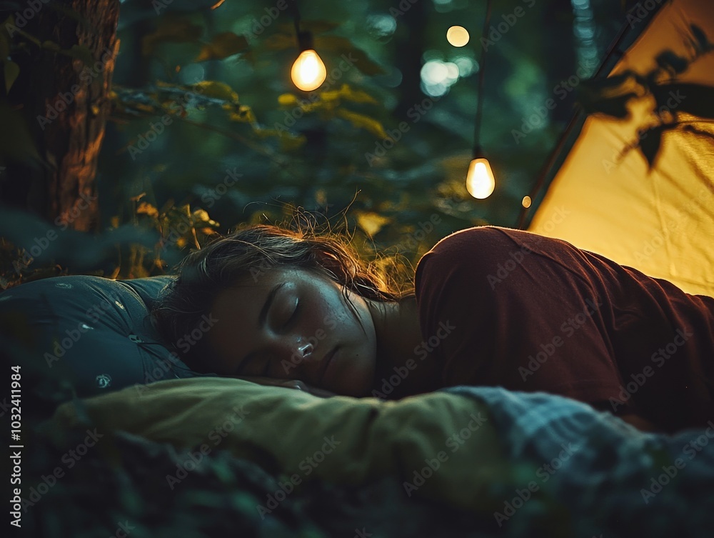 Clear lighting focusing on a person Sleeping in Nature, with a peaceful campsite setting and the person resting comfortably outdoors Clear lighting focusing on a person Sleeping in Nature, with a peaceful campsite setting and the person resting comfortably outdoors