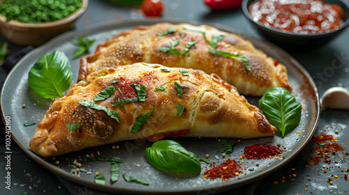 Spicy calzone with a hint of chili flakes and fresh basil