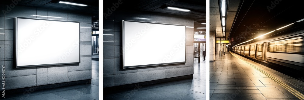 Collage three photographs subway station first photograph left Light box screen