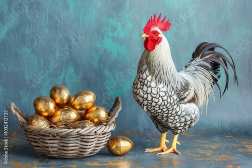 A vibrant silver laced Wyandotte rooster poses proudly beside a basket filled with shiny golden eggs. The colorful background adds a whimsical touch to this charming farm scene, highlighting the roost photo