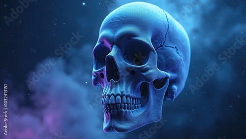 A vivid image of a large blue skull with visible cracks set against a starry sky, presenting a stark contrast between mortality and eerie tranquility, embodying themes of life and death.