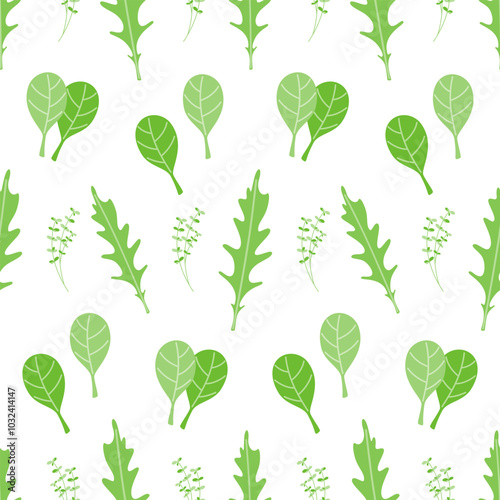 Seamless pattern of fresh greens, rucola, spinach, marjoram. Vector illustration on white background. Proper nutrition and healthy lifestyle.