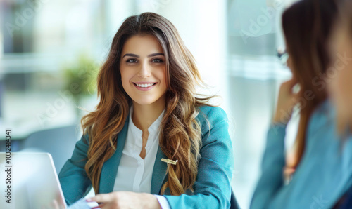 Free Download Businesswoman discussing documents in a meeting.. - GFXLoad