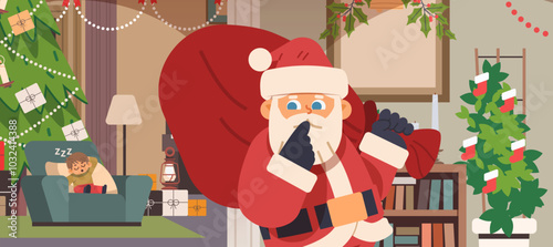 Santa secretly brings gifts while boy sleeps in chair. Christmas miracle vector illustration