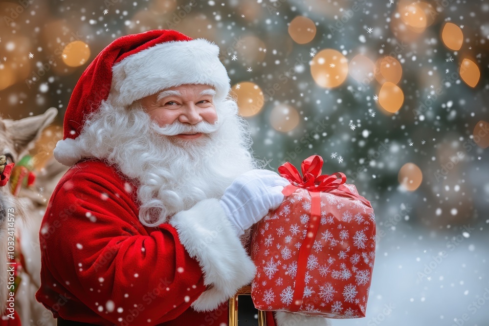 Jolly Santa Claus holding a beautifully wrapped gift in a snowy festive setting Jolly Santa Claus holding a beautifully wrapped gift in a snowy festive setting