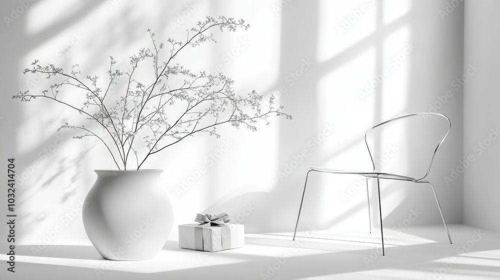 Minimalist interior with a chair, plant in a pot, and a gift box, soft light ambiance. Minimalist interior with a chair, plant in a pot, and a gift box, soft light ambiance.