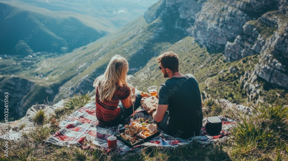 Fototapeta premium Couple enjoying a picnic on a mountain top, with breathtaking views in the background
