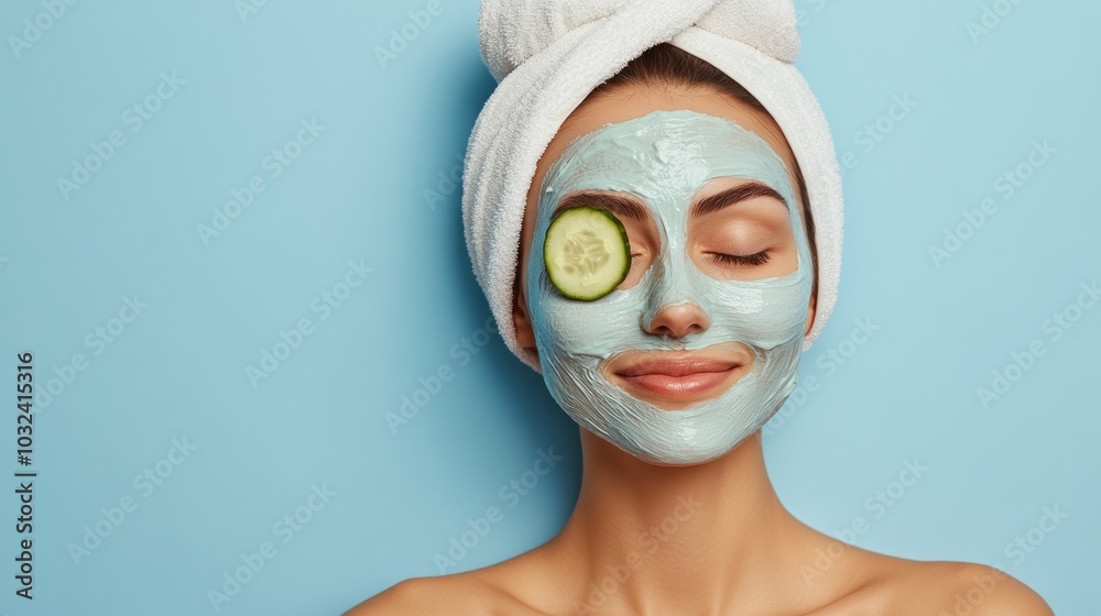 Woman with Cucumber Slices on Eyes and Facial Mask Woman with Cucumber Slices on Eyes and Facial Mask