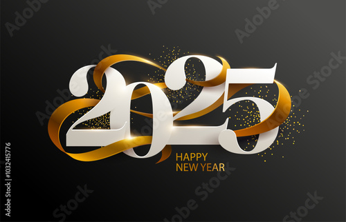 Happy New Years 2025. Greeting card design with date and ribbon on black background.