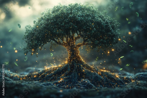 Digital Tree with Glowing Roots and Leaves