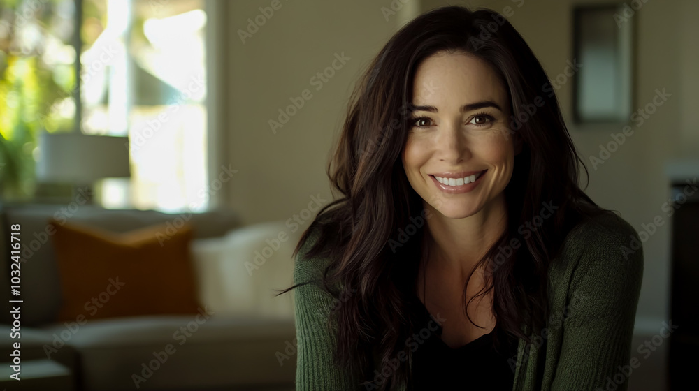 A beautiful woman in her thirties with long dark brown hair, light skin, and a green cardigan over a black shirt, smiling. A beautiful woman in her thirties with long dark brown hair, light skin, and a green cardigan over a black shirt, smiling.