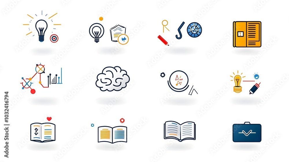 Minimalist icon set featuring essential knowledge elements like brain creativity book and globe with sleek thin lines perfect for educational and imaginative digital visuals and graphic designs Minimalist icon set featuring essential knowledge elements like brain creativity book and globe with sleek thin lines perfect for educational and imaginative digital visuals and graphic designs