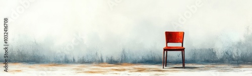 Painting of a red chair against a white wall with a blue background