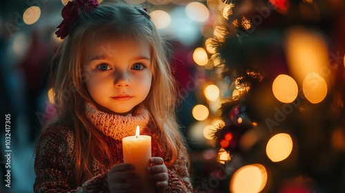 A young girl is holding a candle in her hand. The candle is lit and the girl is looking at the camera. The scene is set in a dimly lit room, with the candle providing a warm and cozy atmosphere