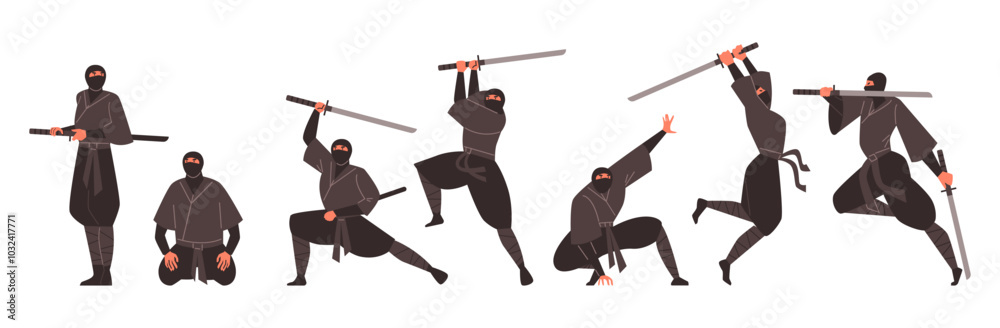 Ninja man warrior with sword in attack action vector set, Japanese fighter, ninjutsu martial art training practice poses Ninja man warrior with sword in attack action vector set, Japanese fighter, ninjutsu martial art training practice poses