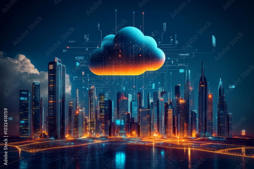 Digital illustration cityscape large cloud center made up of a smart Digital illustration cityscape large cloud center made up of a smart