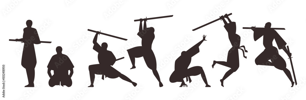 Ninja man warrior with sword in attack action black silhouette vector set, Japanese fighter, ninjutsu martial art poses Ninja man warrior with sword in attack action black silhouette vector set, Japanese fighter, ninjutsu martial art poses