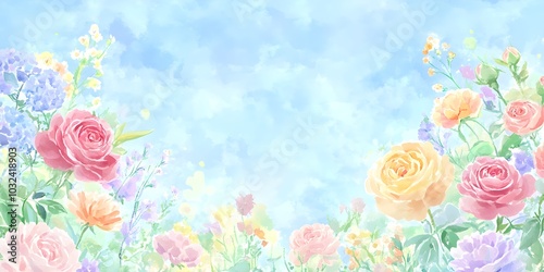 Watercolor Floral Bouquet with Soft Blue Sky Background