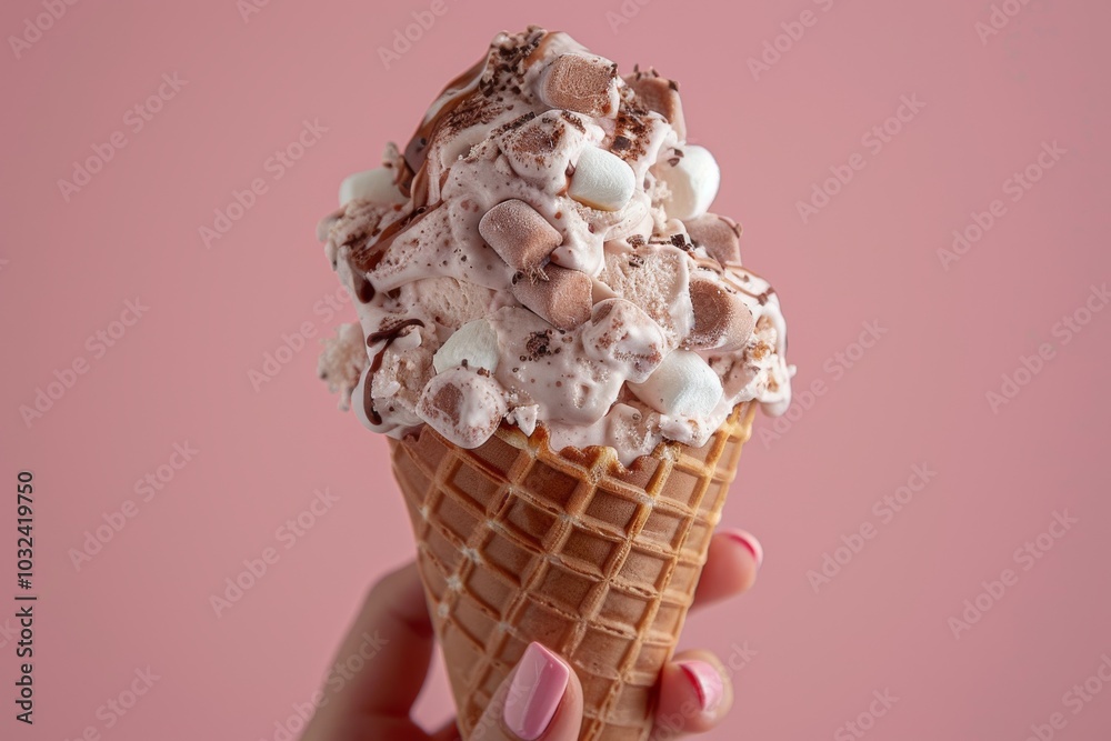 Close-up of a female hand holding a honey fig ice cream cone, white background, focusing on the rich honey color and fig pieces Close-up of a female hand holding a honey fig ice cream cone, white background, focusing on the rich honey color and fig pieces