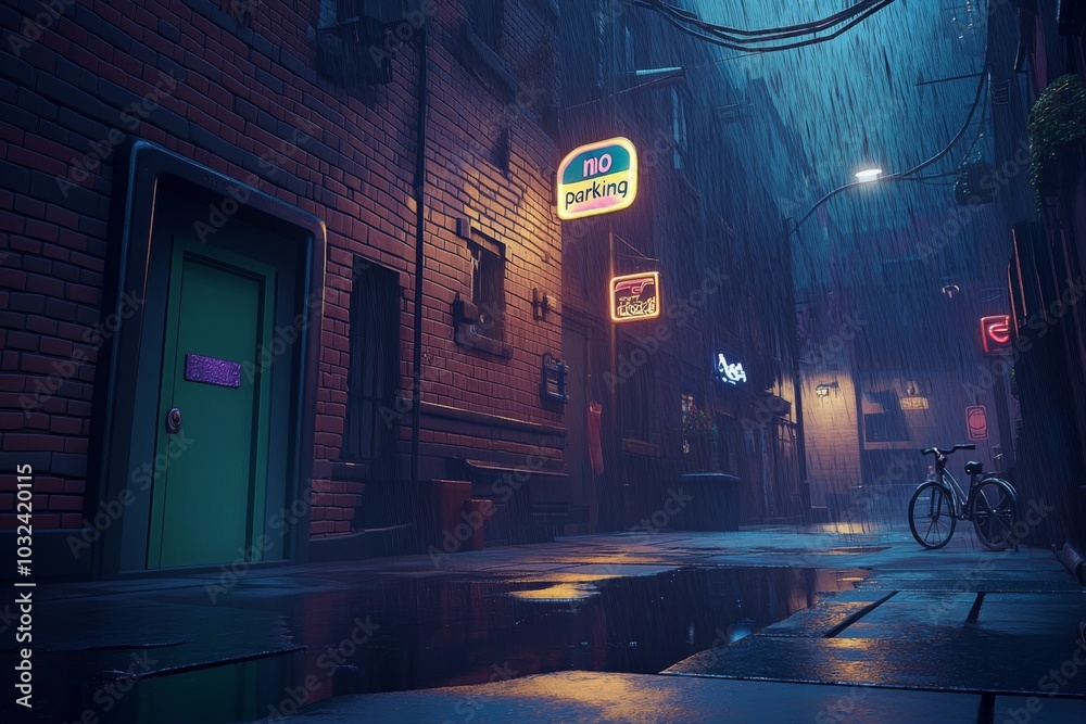 Naklejka premium Digital illustration street night wet there are puddles Back alley